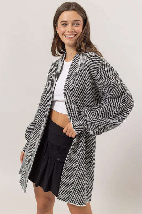 Black Herringbone Sweater Cardigan