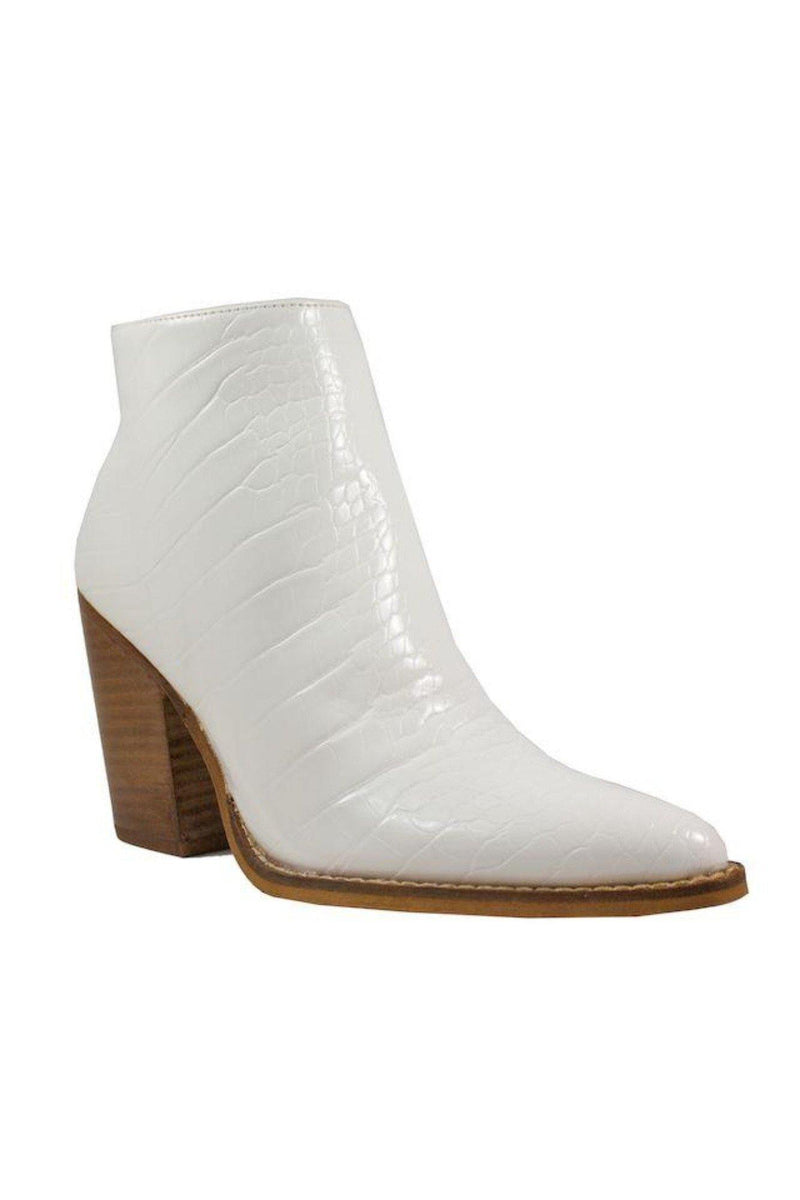 White Chunky Heel Pointed Toe Booties - Mirror Mirror Boutique