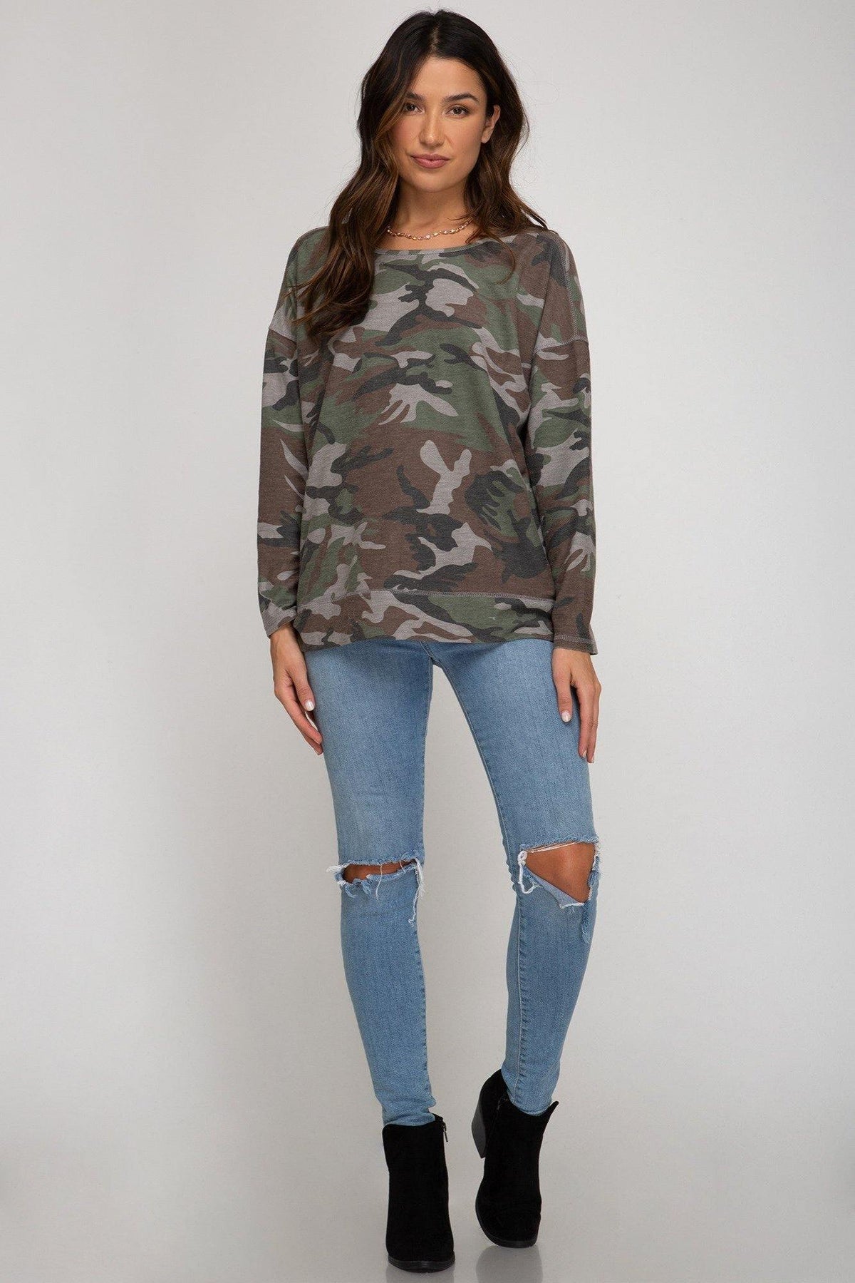 Camouflage Print Top with Open Back - Mirror Mirror Boutique