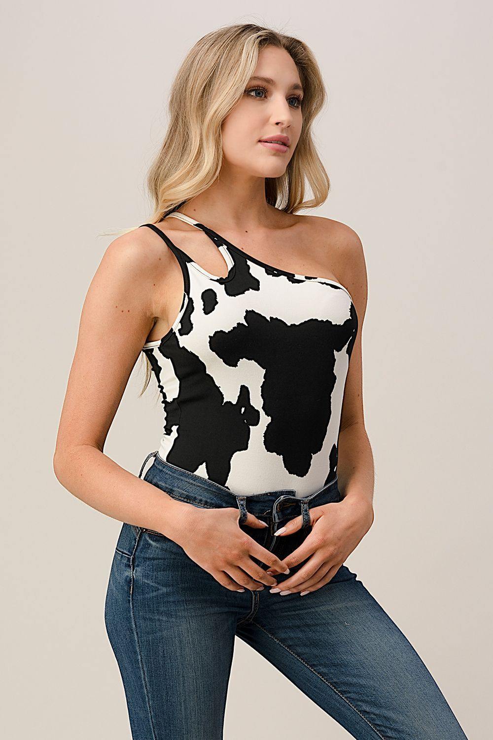 One Shoulder Cow Print Bodysuit - Mirror Mirror Boutique