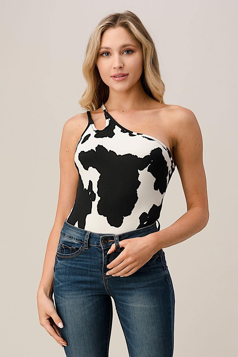 One Shoulder Cow Print Bodysuit - Mirror Mirror Boutique